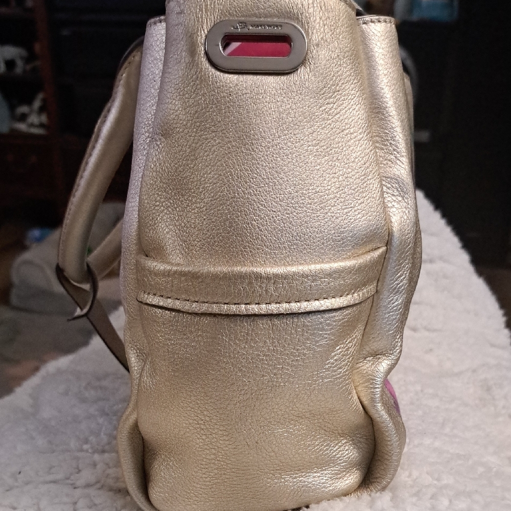 Hand Painted Gold Satchel Purse Bag with Floral Design - Picture 11 of 17